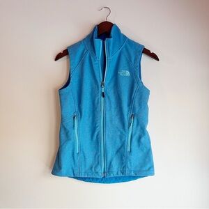 The North Face soft shell zip front vest blue with teal logo size XS